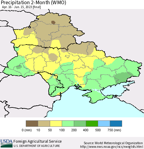Ukraine, Moldova and Belarus Precipitation 2-Month (WMO) Thematic Map For 4/16/2023 - 6/15/2023