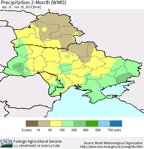 Ukraine, Moldova and Belarus Precipitation 2-Month (WMO) Thematic Map For 4/21/2023 - 6/20/2023