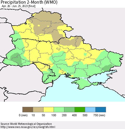 Ukraine, Moldova and Belarus Precipitation 2-Month (WMO) Thematic Map For 4/26/2023 - 6/25/2023