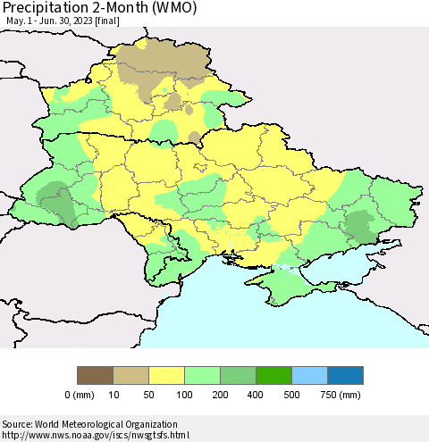 Ukraine, Moldova and Belarus Precipitation 2-Month (WMO) Thematic Map For 5/1/2023 - 6/30/2023