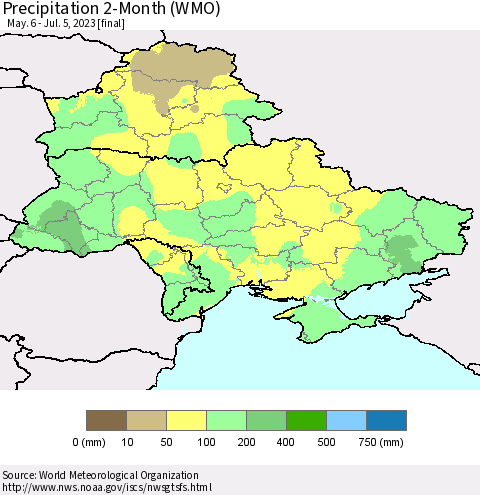 Ukraine, Moldova and Belarus Precipitation 2-Month (WMO) Thematic Map For 5/6/2023 - 7/5/2023