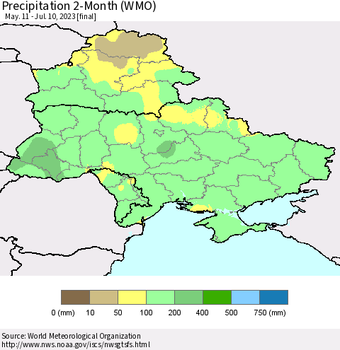 Ukraine, Moldova and Belarus Precipitation 2-Month (WMO) Thematic Map For 5/11/2023 - 7/10/2023