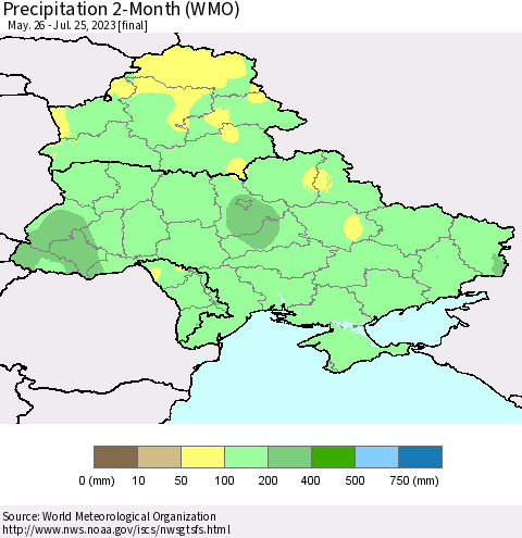 Ukraine, Moldova and Belarus Precipitation 2-Month (WMO) Thematic Map For 5/26/2023 - 7/25/2023