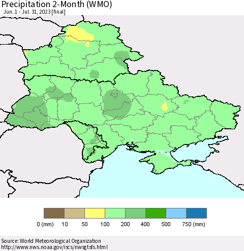 Ukraine, Moldova and Belarus Precipitation 2-Month (WMO) Thematic Map For 6/1/2023 - 7/31/2023