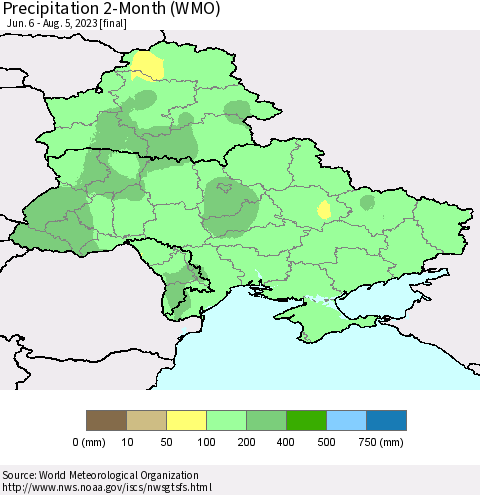 Ukraine, Moldova and Belarus Precipitation 2-Month (WMO) Thematic Map For 6/6/2023 - 8/5/2023