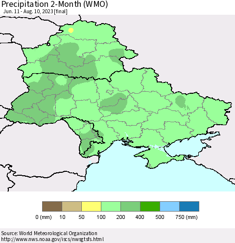 Ukraine, Moldova and Belarus Precipitation 2-Month (WMO) Thematic Map For 6/11/2023 - 8/10/2023