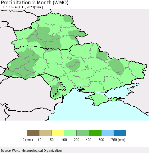 Ukraine, Moldova and Belarus Precipitation 2-Month (WMO) Thematic Map For 6/16/2023 - 8/15/2023