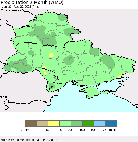 Ukraine, Moldova and Belarus Precipitation 2-Month (WMO) Thematic Map For 6/21/2023 - 8/20/2023