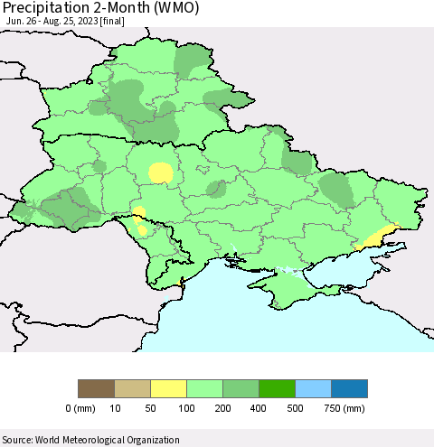 Ukraine, Moldova and Belarus Precipitation 2-Month (WMO) Thematic Map For 6/26/2023 - 8/25/2023
