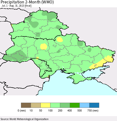 Ukraine, Moldova and Belarus Precipitation 2-Month (WMO) Thematic Map For 7/1/2023 - 8/31/2023