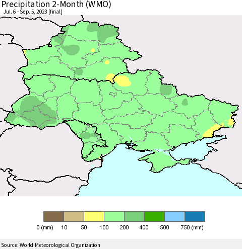 Ukraine, Moldova and Belarus Precipitation 2-Month (WMO) Thematic Map For 7/6/2023 - 9/5/2023