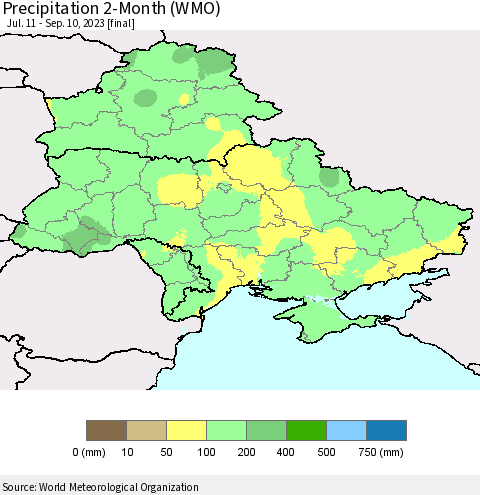 Ukraine, Moldova and Belarus Precipitation 2-Month (WMO) Thematic Map For 7/11/2023 - 9/10/2023