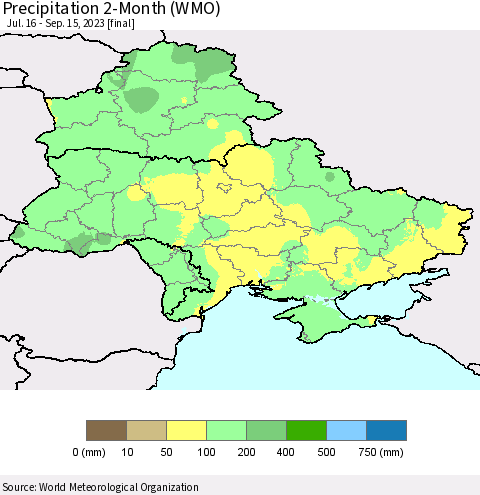 Ukraine, Moldova and Belarus Precipitation 2-Month (WMO) Thematic Map For 7/16/2023 - 9/15/2023