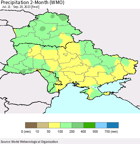 Ukraine, Moldova and Belarus Precipitation 2-Month (WMO) Thematic Map For 7/21/2023 - 9/20/2023
