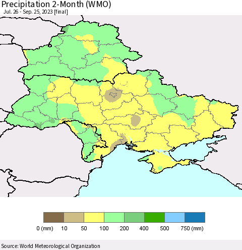 Ukraine, Moldova and Belarus Precipitation 2-Month (WMO) Thematic Map For 7/26/2023 - 9/25/2023