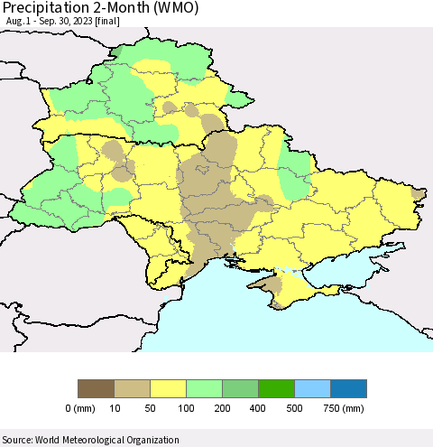 Ukraine, Moldova and Belarus Precipitation 2-Month (WMO) Thematic Map For 8/1/2023 - 9/30/2023
