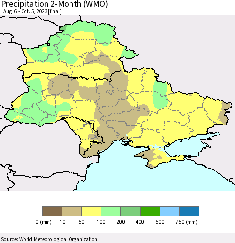 Ukraine, Moldova and Belarus Precipitation 2-Month (WMO) Thematic Map For 8/6/2023 - 10/5/2023