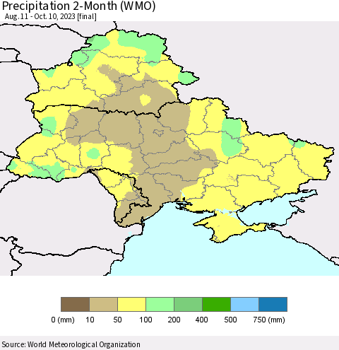Ukraine, Moldova and Belarus Precipitation 2-Month (WMO) Thematic Map For 8/11/2023 - 10/10/2023