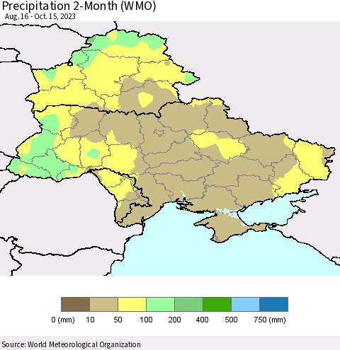 Ukraine, Moldova and Belarus Precipitation 2-Month (WMO) Thematic Map For 8/16/2023 - 10/15/2023
