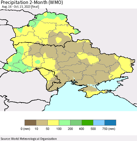 Ukraine, Moldova and Belarus Precipitation 2-Month (WMO) Thematic Map For 8/16/2023 - 10/15/2023