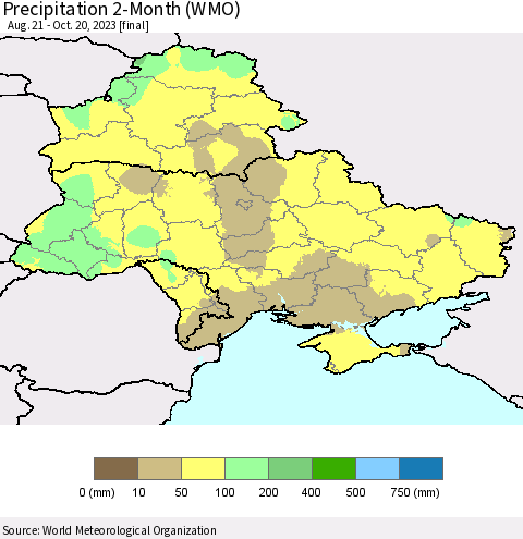 Ukraine, Moldova and Belarus Precipitation 2-Month (WMO) Thematic Map For 8/21/2023 - 10/20/2023