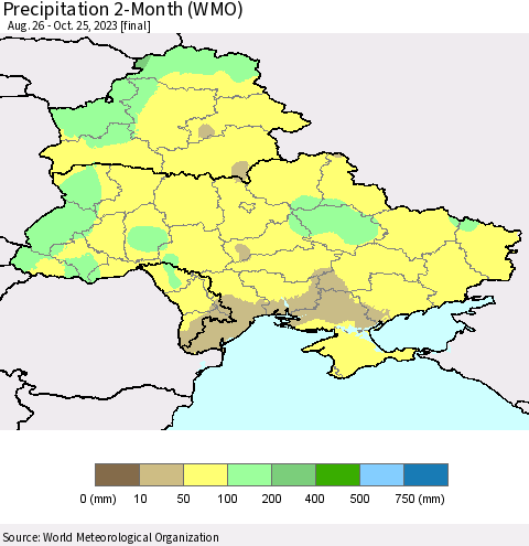 Ukraine, Moldova and Belarus Precipitation 2-Month (WMO) Thematic Map For 8/26/2023 - 10/25/2023