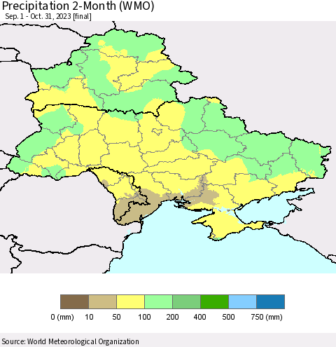 Ukraine, Moldova and Belarus Precipitation 2-Month (WMO) Thematic Map For 9/1/2023 - 10/31/2023