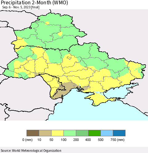 Ukraine, Moldova and Belarus Precipitation 2-Month (WMO) Thematic Map For 9/6/2023 - 11/5/2023