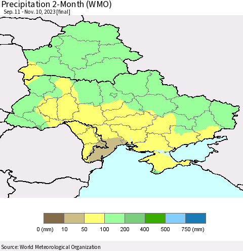 Ukraine, Moldova and Belarus Precipitation 2-Month (WMO) Thematic Map For 9/11/2023 - 11/10/2023