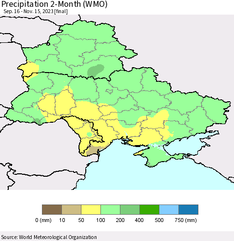 Ukraine, Moldova and Belarus Precipitation 2-Month (WMO) Thematic Map For 9/16/2023 - 11/15/2023