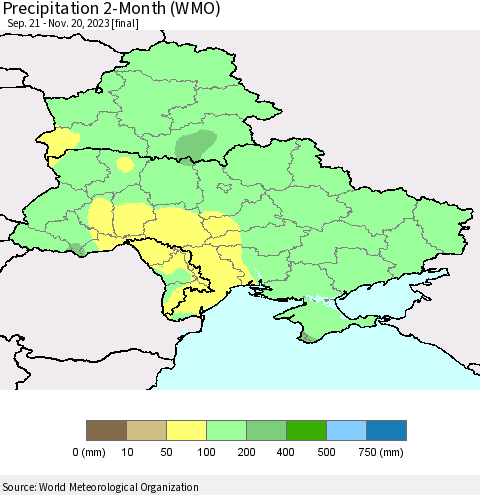 Ukraine, Moldova and Belarus Precipitation 2-Month (WMO) Thematic Map For 9/21/2023 - 11/20/2023