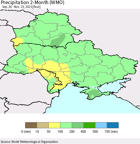 Ukraine, Moldova and Belarus Precipitation 2-Month (WMO) Thematic Map For 9/26/2023 - 11/25/2023