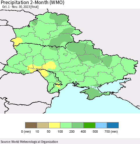 Ukraine, Moldova and Belarus Precipitation 2-Month (WMO) Thematic Map For 10/1/2023 - 11/30/2023