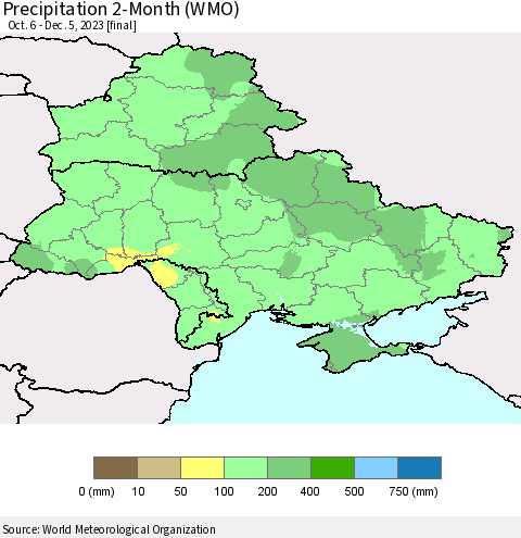 Ukraine, Moldova and Belarus Precipitation 2-Month (WMO) Thematic Map For 10/6/2023 - 12/5/2023