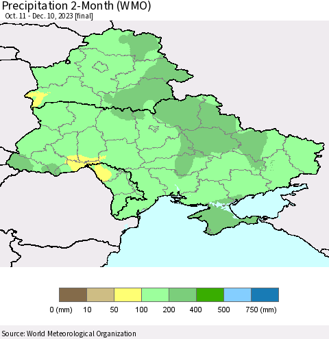 Ukraine, Moldova and Belarus Precipitation 2-Month (WMO) Thematic Map For 10/11/2023 - 12/10/2023