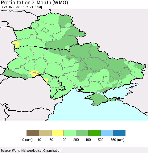 Ukraine, Moldova and Belarus Precipitation 2-Month (WMO) Thematic Map For 10/16/2023 - 12/15/2023