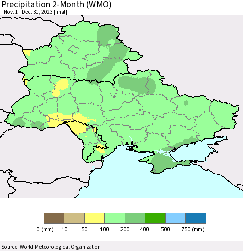 Ukraine, Moldova and Belarus Precipitation 2-Month (WMO) Thematic Map For 11/1/2023 - 12/31/2023