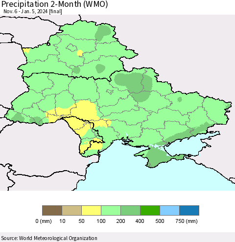 Ukraine, Moldova and Belarus Precipitation 2-Month (WMO) Thematic Map For 11/6/2023 - 1/5/2024
