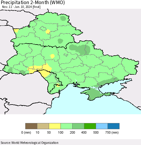 Ukraine, Moldova and Belarus Precipitation 2-Month (WMO) Thematic Map For 11/11/2023 - 1/10/2024