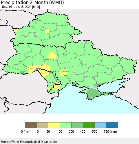 Ukraine, Moldova and Belarus Precipitation 2-Month (WMO) Thematic Map For 11/16/2023 - 1/15/2024