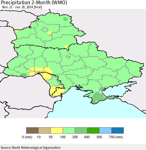 Ukraine, Moldova and Belarus Precipitation 2-Month (WMO) Thematic Map For 11/21/2023 - 1/20/2024