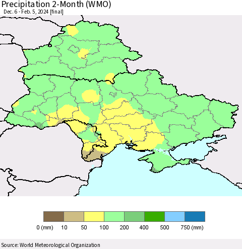 Ukraine, Moldova and Belarus Precipitation 2-Month (WMO) Thematic Map For 12/6/2023 - 2/5/2024