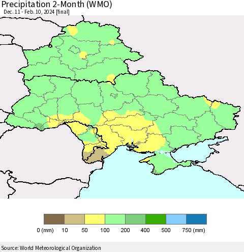 Ukraine, Moldova and Belarus Precipitation 2-Month (WMO) Thematic Map For 12/11/2023 - 2/10/2024