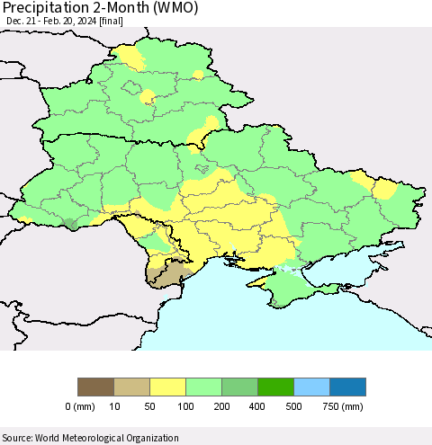 Ukraine, Moldova and Belarus Precipitation 2-Month (WMO) Thematic Map For 12/21/2023 - 2/20/2024