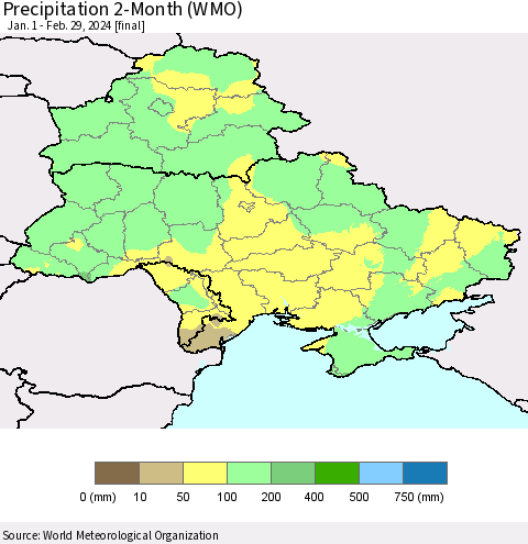 Ukraine, Moldova and Belarus Precipitation 2-Month (WMO) Thematic Map For 1/1/2024 - 2/29/2024