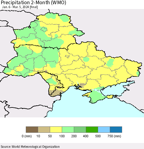 Ukraine, Moldova and Belarus Precipitation 2-Month (WMO) Thematic Map For 1/6/2024 - 3/5/2024