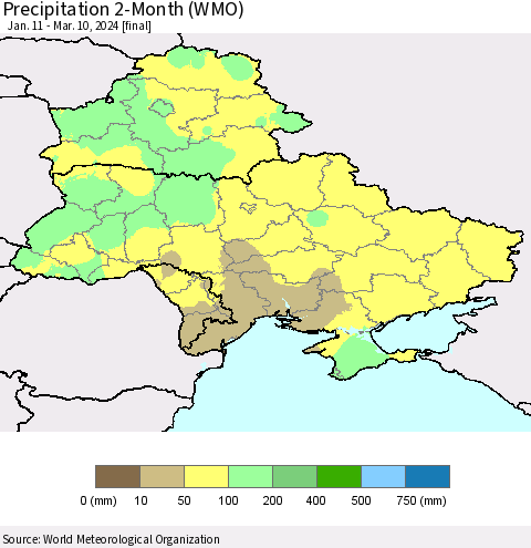 Ukraine, Moldova and Belarus Precipitation 2-Month (WMO) Thematic Map For 1/11/2024 - 3/10/2024