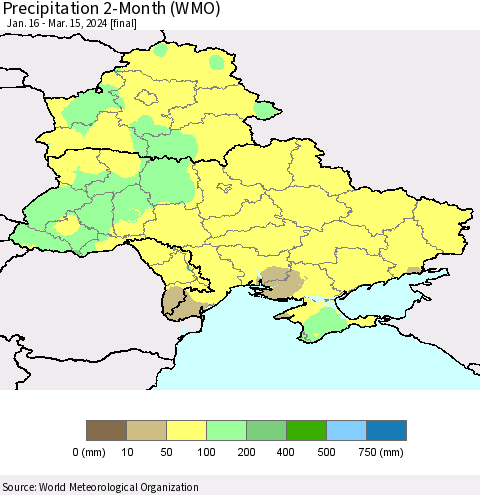 Ukraine, Moldova and Belarus Precipitation 2-Month (WMO) Thematic Map For 1/16/2024 - 3/15/2024