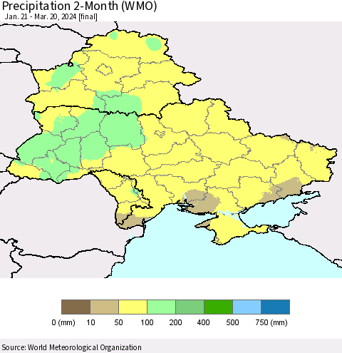Ukraine, Moldova and Belarus Precipitation 2-Month (WMO) Thematic Map For 1/21/2024 - 3/20/2024