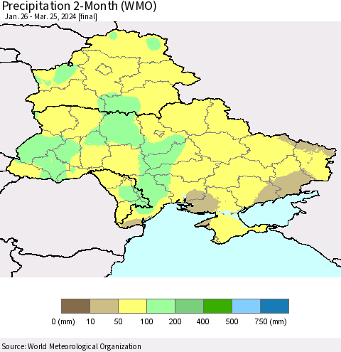 Ukraine, Moldova and Belarus Precipitation 2-Month (WMO) Thematic Map For 1/26/2024 - 3/25/2024